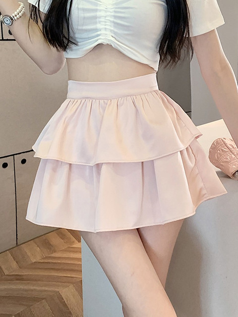 Pink puff cake short skirt Female summer high waist thin A -line ruffled umbrella skirt small pleated skirt
