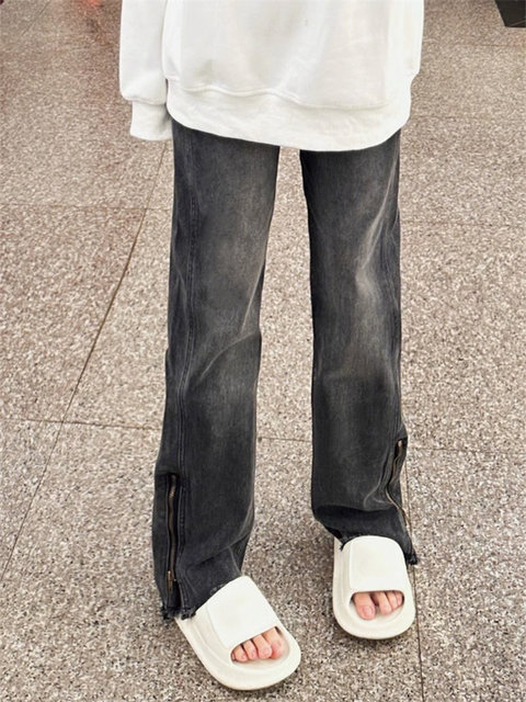American street hip -hop slice zipper jeans women's spring and autumn loose high waist large size fat mm straight mopped trousers

