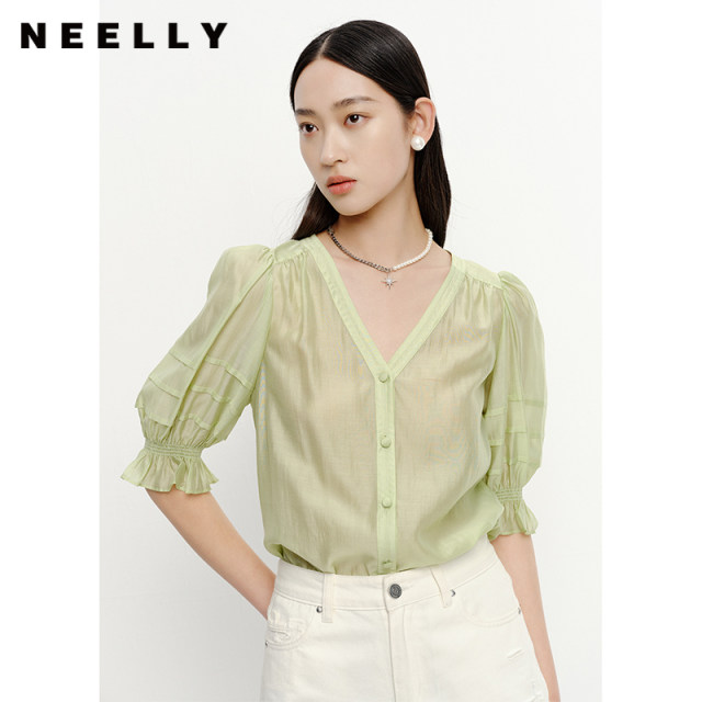 NEELLY Nali Shopping Mall same temperament v-neck shirt for women puff sleeves sweet and light five-point sleeve top summer
