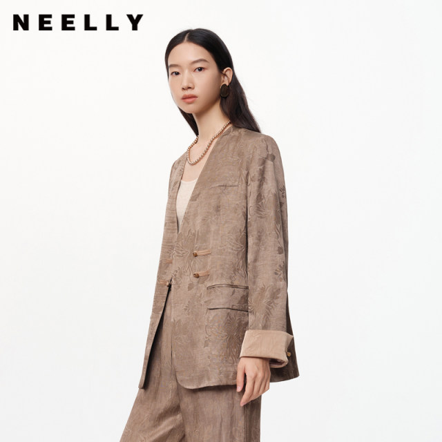 NEELLY Nali Shopping Mall same spring new dark pattern print new Chinese V-neck design loose jacket for women
