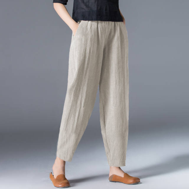 Cotton and linen wide leg pants for women summer 2024 loose large size white harem pants slim casual black nine-point lantern pants