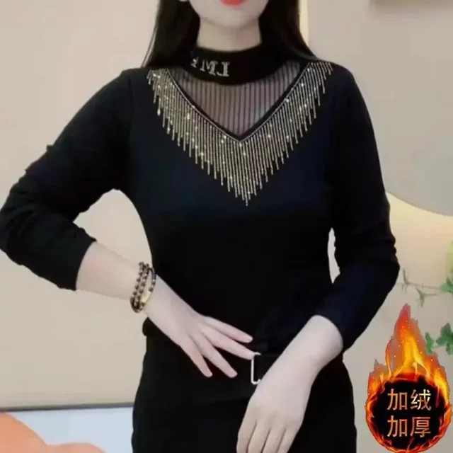 Leyouyou Store 2025 Autumn and Winter New Style Slim-fitting Thickened Warmth Slimming Long-sleeved Western Style Plush Bottoming Mother's Clothes