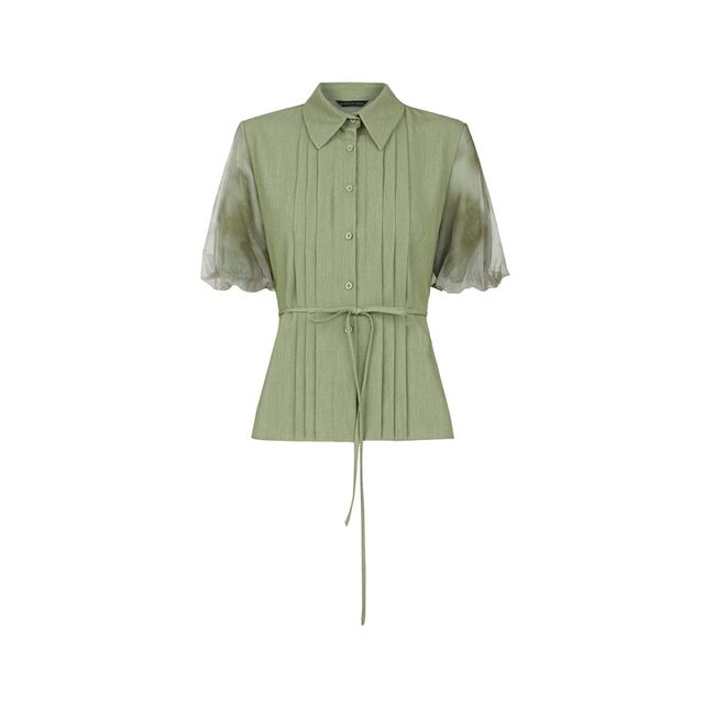 Sdeer San Dior women's light outfit is fresh and literary waist-closing mesh smudged flap sleeve shirt S24260405
