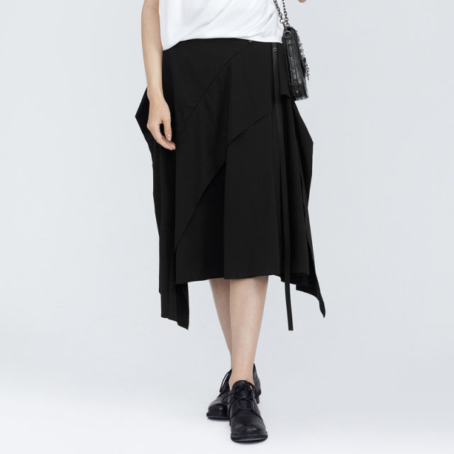 sdeer San Dior women's summer skirt personality lace-up splicing irregular black long skirt S21281110