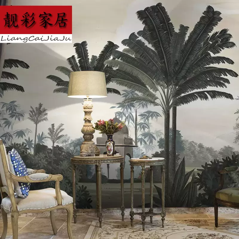 中世紀叢林葉子背景牆壁紙東南亞復古手繪芭蕉葉客廳酒店裝飾壁畫