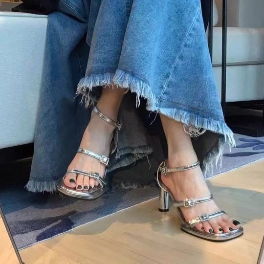 2025 summer new fashion sandals for women, thick heel, silver square toe, open toe, rhinestone temperament, gentle sandals