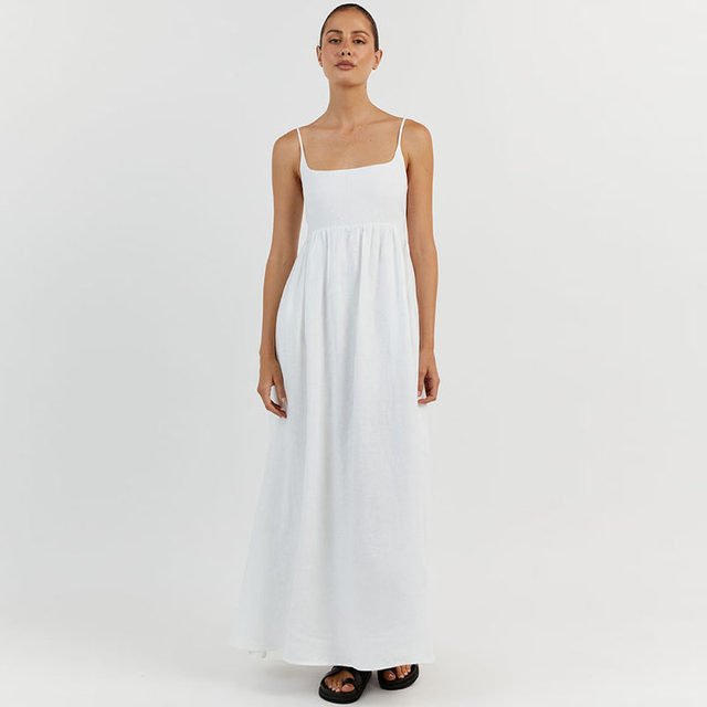 posed French square collar black white cotton linen suspender dress for women's temperament beach slim vacation long skirt