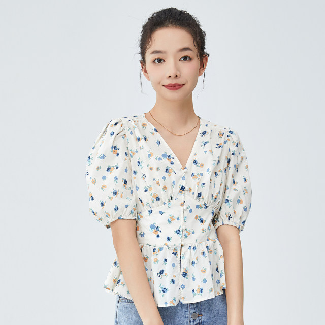 D.SIGN sweet printed puff sleeve V-neck shirt for women's summer 2025 new short sleeve short trouser top