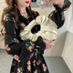 Pink printed mid-length French shirt top for women large size elastic waist ruffle flared sleeve chiffon shirt spring