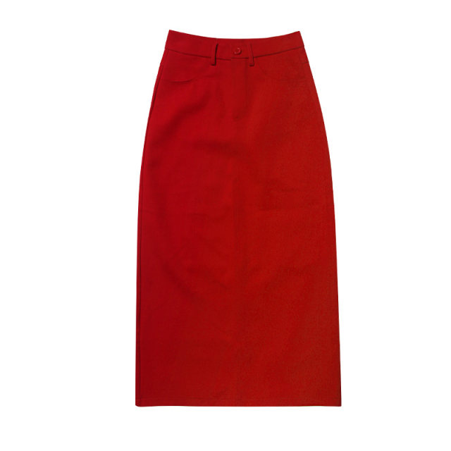 West Kowloon Spring and Autumn New Product High Waist Loose Heart Straight One Step Skirt Slit Half-length Skirt Red Slimming Women