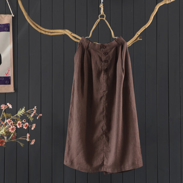 2025 spring and summer flat waist solid color mid-length linen skirt literary loose slim nine-point skirt straight skirt women
