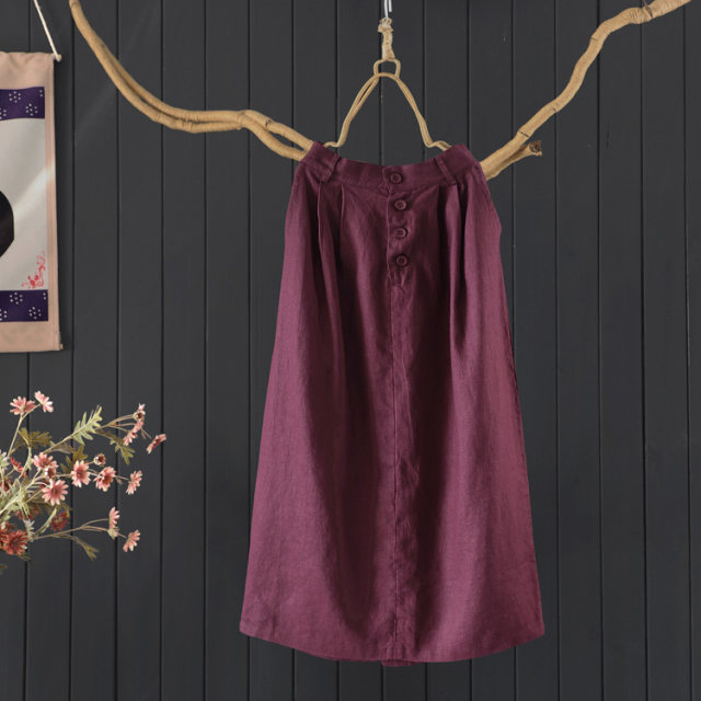 2025 spring and summer flat waist solid color mid-length linen skirt literary loose slim nine-point skirt straight skirt women

