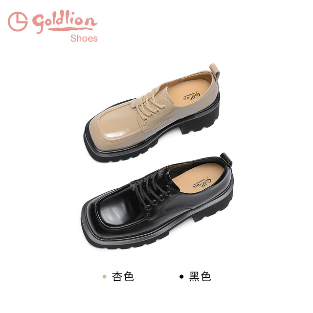 Goldlion Loafers Spring and Autumn New Retro British Style Casual Oxford Shoes Thick Sole Increased Black Small Leather Shoes for Women