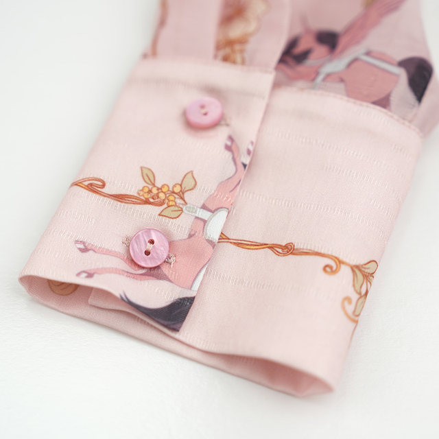 Jungle me pink rotating wooden horse print shirt retro waist bubble sleeve long -sleeved temperament niche design