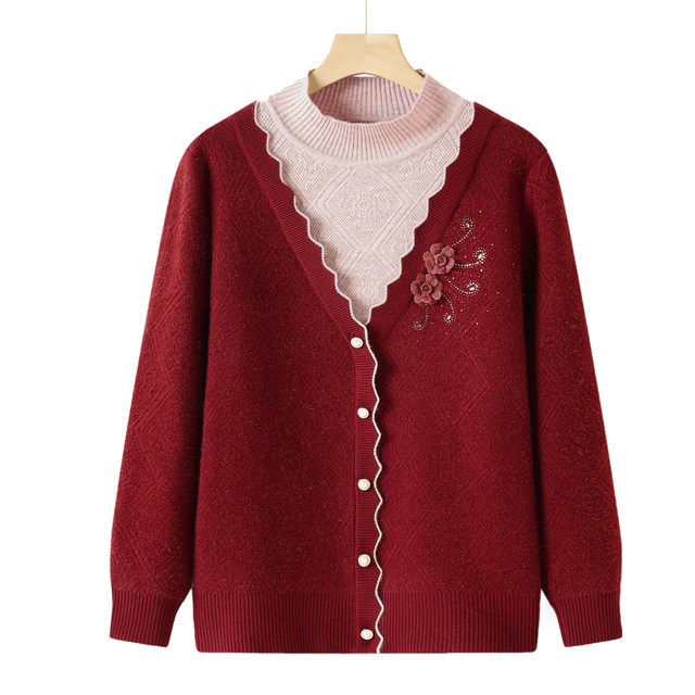 Mother's winter wool sweater top plus velvet sweater middle-aged and elderly women's winter warm holiday two-piece bottoming shirt