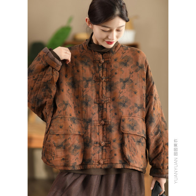 Winter retro fried color printed cotton thickened cotton coat for women new Chinese style handmade buckle cotton jacket for cotton jacket