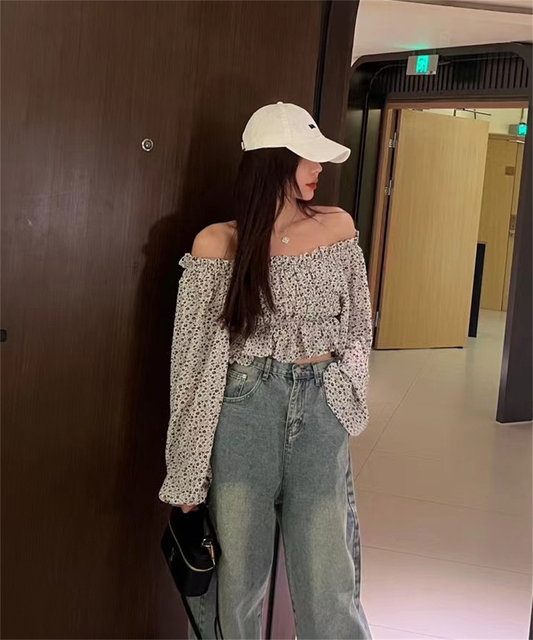 Special offer new women's French floral design niche long-sleeved chiffon shirt with lantern sleeves one-length neck off shoulder
