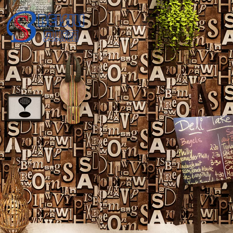 復古時尚3d立體英文字母自粘壁紙酒吧咖啡廳理髲店宿舍