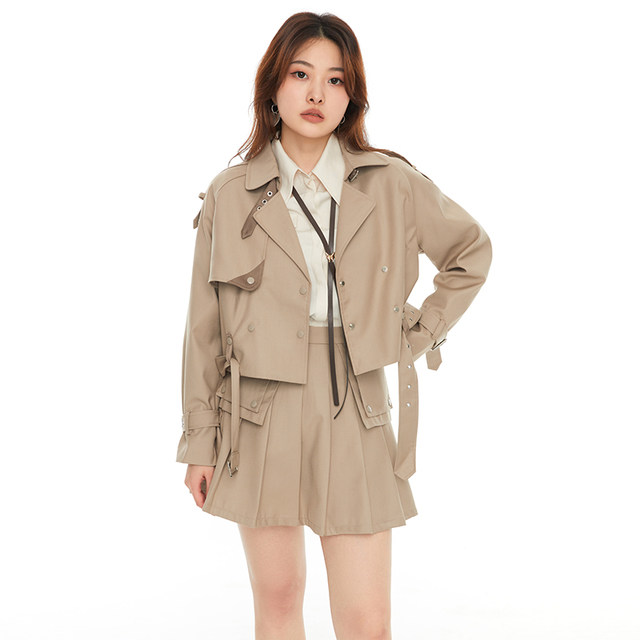 GW large-size women's lapel jacket jacket high-waisted spliced ​​pleated skirt 2025 autumn new slightly fat mm loose suit
