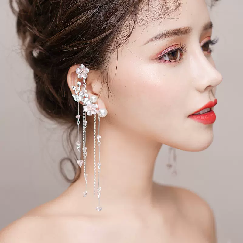 新娘森女系唯美发饰珍珠花朵韩式流苏耳挂水钻边夹