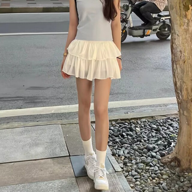 French retro white cake tutu skirt for women in spring and autumn with high-waisted A-line skirt and sweet ballet skirt