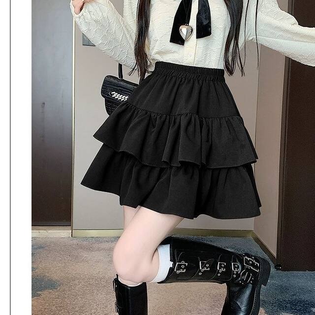Korean large-size college style sweet girl fat mm high waist skirt summer ruffled pleated a-line short skirt ins