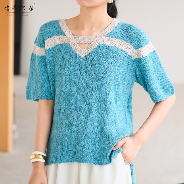 Pan Huaerzi high-end custom hand-woven new summer style short front and long contrasting color pullover short sleeve V-neck thin model