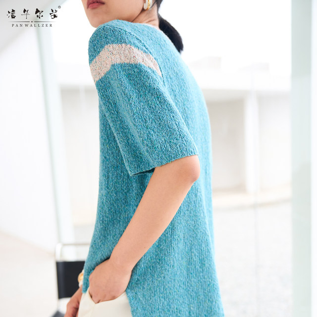 Pan Huaerzi high-end custom hand-woven new summer style short front and long contrasting color pullover short sleeve V-neck thin model
