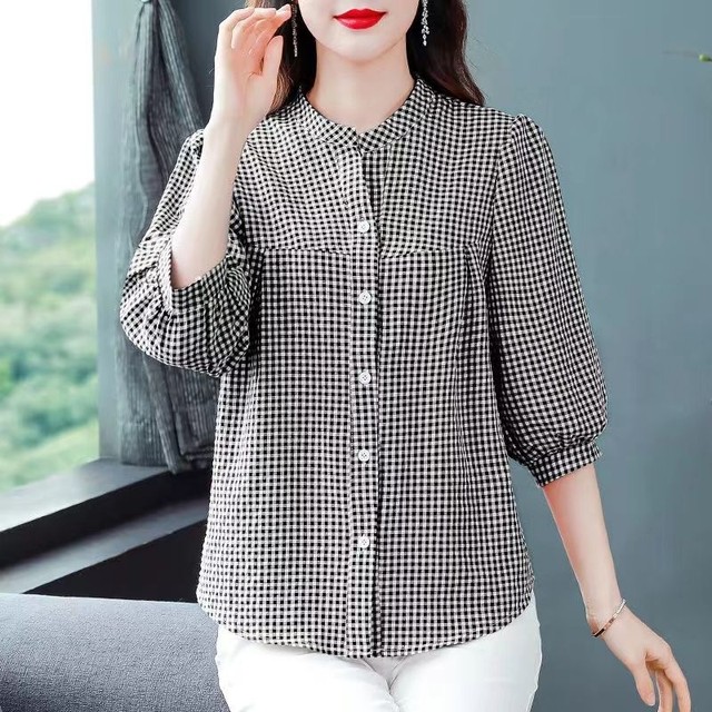 Fashionable quarter-sleeved plaid shirt for women in spring and summer new versatile pure cotton shirt fashionable mid-sleeved mother top