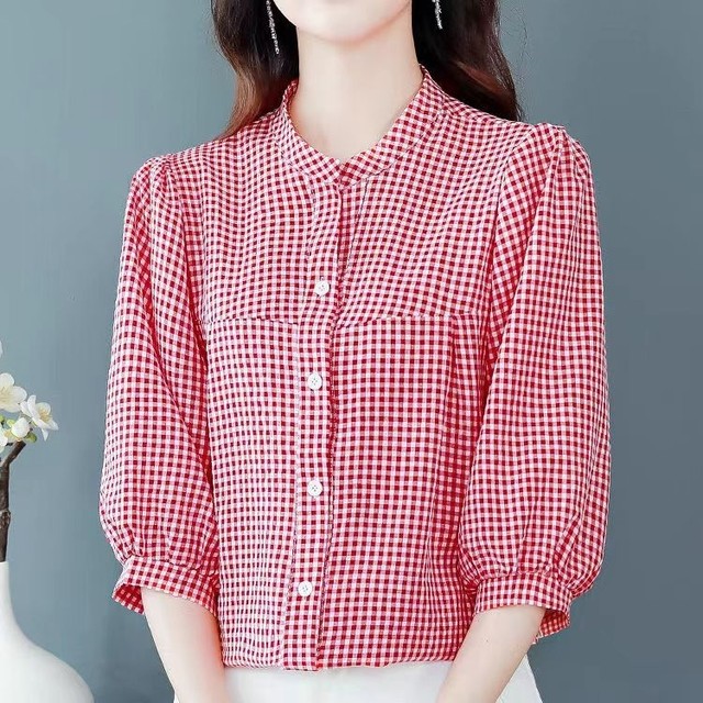 Fashionable quarter-sleeved plaid shirt for women in spring and summer new versatile pure cotton shirt fashionable mid-sleeved mother top