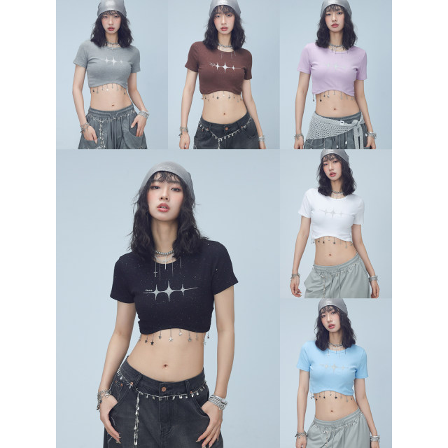 CBXLAB Street Dance Trendy Brand Summer Sea Wave Navel Embroidery Short Sleeve Star Hanging Chain Kpop Hot Girl Slim Body Clothes Women
