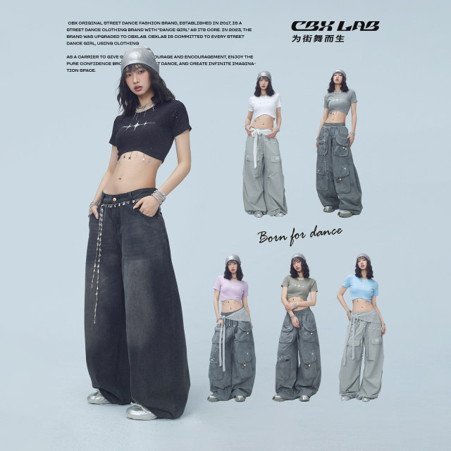 CBXLAB Street Dance Trendy Brand Summer Sea Wave Navel Embroidery Short Sleeve Star Hanging Chain Kpop Hot Girl Slim Body Clothes Women
