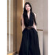 Black high-end V-neck halter neck dress for women early autumn outfit 2025 new temperament waist-hugging A-line long skirt