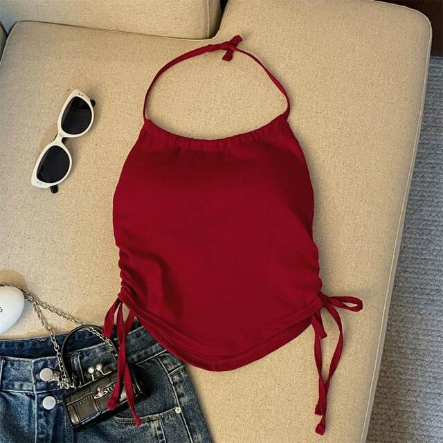 Large size 300Jin [Jin equals 0.5 kg] Design-sensory drawstring halter neck vest for women in summer fat mm tether short breast pad top