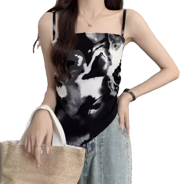 Large size 300jin [Jin is equal to 0.5 kg] New Chinese -style ink painting suspender vest Female with Xia Fat mm outside wearing irregular short tops
