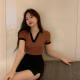 Large size 300jin [Jin is equal to 0.5 kg] V -neck short -sleeved T -shirt female ins in summer slimming, thin and covered short polo collar bottom shirt
