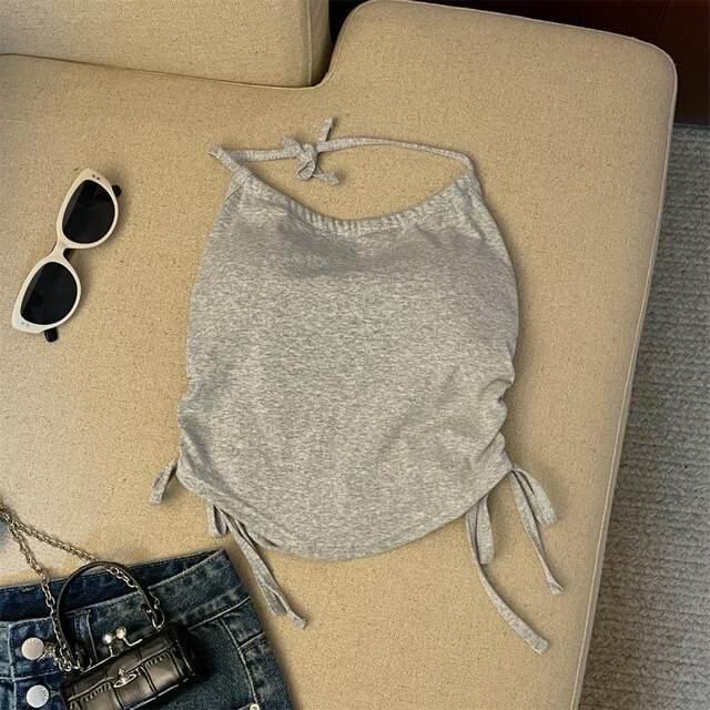 Large size 300Jin [Jin equals 0.5 kg] Design-sensory drawstring halter neck vest for women in summer fat mm tether short breast pad top