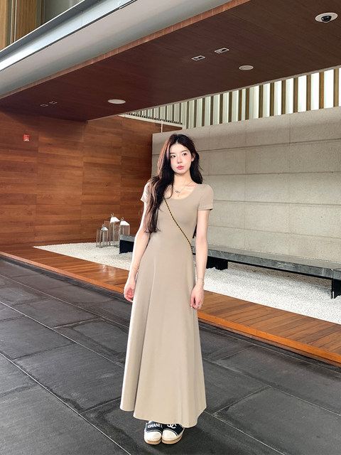 alex stevens solid color slim short-sleeved dress women's holiday long dress summer drape mid-length dress