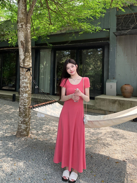 alex stevens solid color slim short-sleeved dress women's holiday long dress summer drape mid-length dress