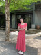 alex stevens solid color slim short-sleeved dress women's holiday long dress summer drape mid-length dress