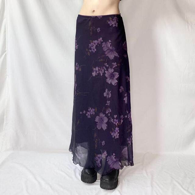 WEEKEEP niche retro style purple plant flower print mesh skirt loose straight slim long skirt