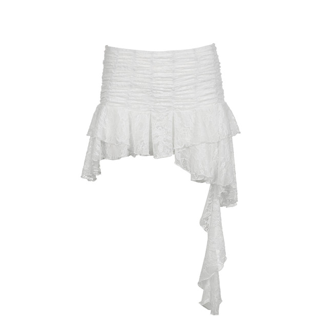 WEEKEEP Pure romantic irregular streamer lace skirt low waist pleated lining anti-exposure miniskirt