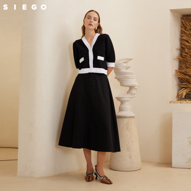 Siego Commuter Simple Pocket Black and White Cotton A-shaped Slim Long Skirt 64412602
