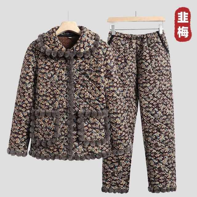 Mother's winter coat, cotton jacket, cotton trousers, home clothes set, middle-aged and elderly grandmother's velvet warm plaid cotton coat two-piece set