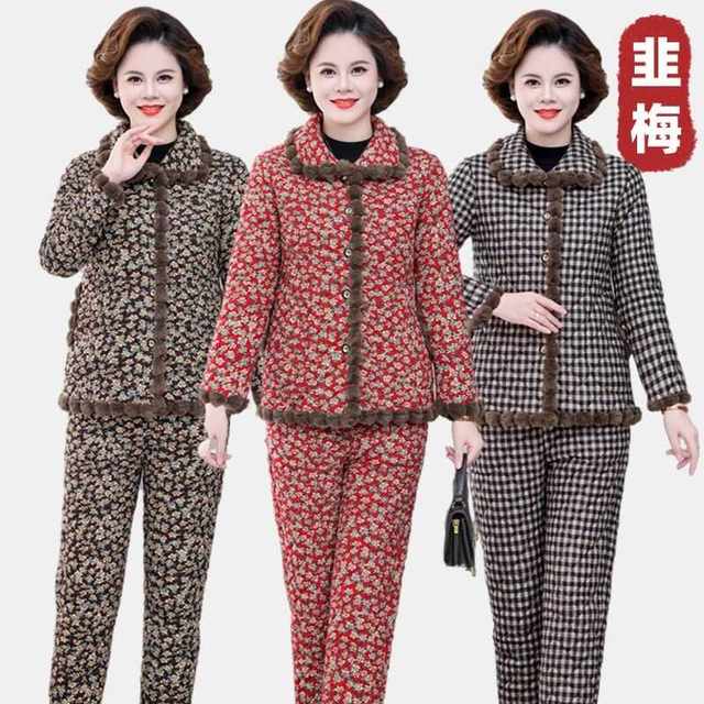 Mother's winter coat, cotton jacket, cotton trousers, home clothes set, middle-aged and elderly grandmother's velvet warm plaid cotton coat two-piece set