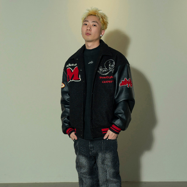 Makemore Jacket Men's Spring and Autumn Woolen Embroidered Lapel Thickened Baseball Suit American Red Trendy Cotton Suit Women