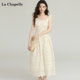 La Chapelle/La Chapelle temperament hollow lace floral small flying sleeve dress slimming mid-length skirt