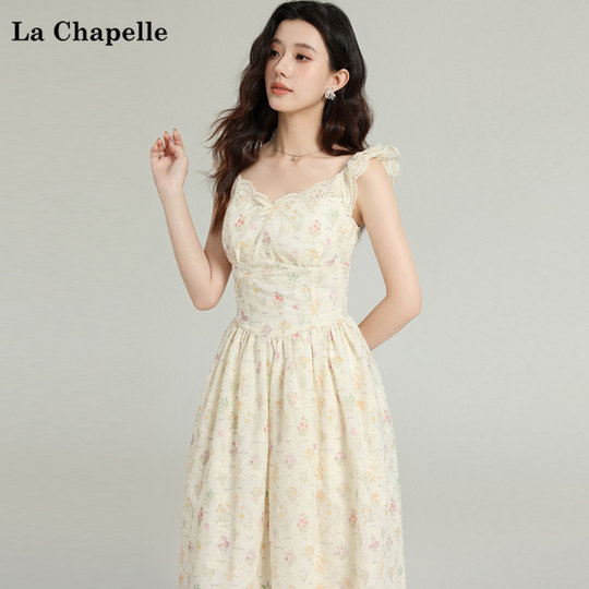 La Chapelle/La Chapelle temperament hollow lace floral small flying sleeve dress slimming mid-length skirt
