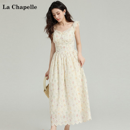 La Chapelle/La Chapelle temperament hollow lace floral small flying sleeve dress slimming mid-length skirt