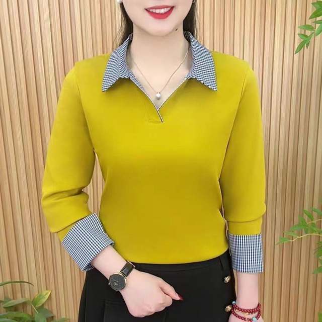 2025 spring fashionable and fashionable large-size T-shirt new product simple lapel contrasting color versatile slim mother top